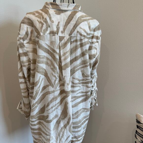 John Mark Linen Cotton Zebra Print Button Down Cinch Sleeve Tunic Top Large - Picture 7 of 14
